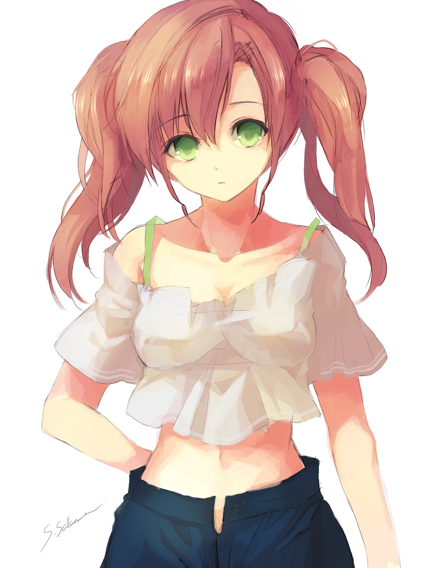 bad_id bad_pixiv_id breasts green_eyes highres looking_at_viewer medium_breasts original sakuma_shiki simple_background solo twintails white_background