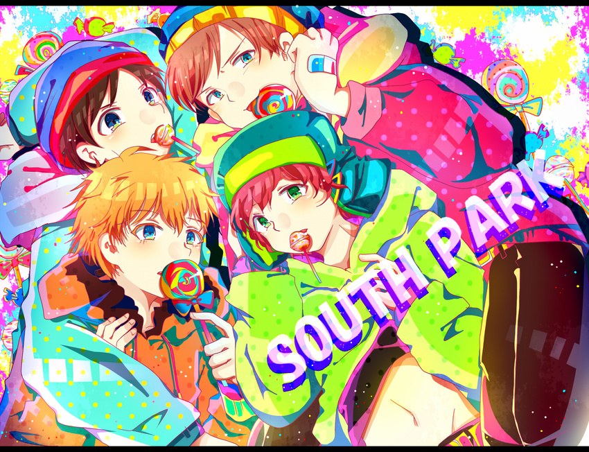 blue_eyes brown_hair candy copyright_name eric_cartman food green_eyes hisate kenny_mccormick kyle_broflovski letterboxed lollipop male_focus multiple_boys navel red_hair shirt_lift south_park stan_marsh swirl_lollipop unmoving_pattern