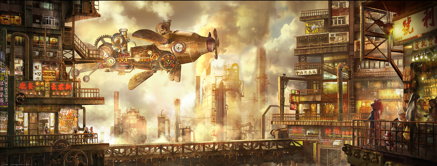 6+girls aircraft airplane airship bridge building city cityscape distillation_column from_side gears highres industrial long_hair lost_elle market multiple_girls pipe pixiv_fantasia pixiv_fantasia_fallen_kings ponytail profile propeller railing red_hair scenery sign smokestack standing steam steampunk tank_(container) translation_request