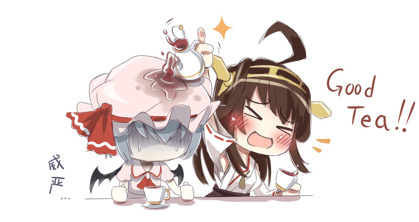 &gt;_&lt; ahoge bad_id bad_pixiv_id bare_shoulders blue_hair blush brown_hair closed_eyes crossover cup detached_sleeves english hairband hat headgear highres japanese_clothes kantai_collection kongou_(kantai_collection) long_hair long_sleeves multiple_girls nontraditional_miko open_mouth pouring remilia_scarlet ribbon_trim shaded_face short_hair sweat tantu_(tc1995) tea teacup teapot touhou trait_connection translated white_background wide_sleeves