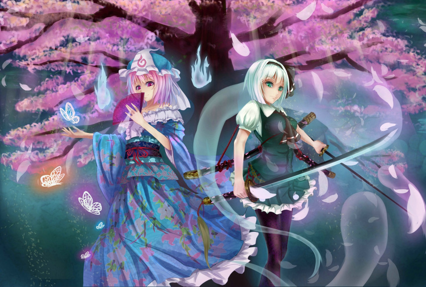 bakanoe black_legwear blouse breasts bug butterfly cherry_blossoms dual_wielding floral_print green_eyes hair_ribbon hairband hat hitodama holding insect japanese_clothes katana konpaku_youmu konpaku_youmu_(ghost) medium_breasts multiple_girls obi pantyhose petals pink_eyes pink_hair ribbon saigyou_ayakashi saigyouji_yuyuko saigyouji_yuyuko's_fan_design sash short_hair silver_hair skirt smile sword touhou tree triangular_headpiece vest wakizashi weapon