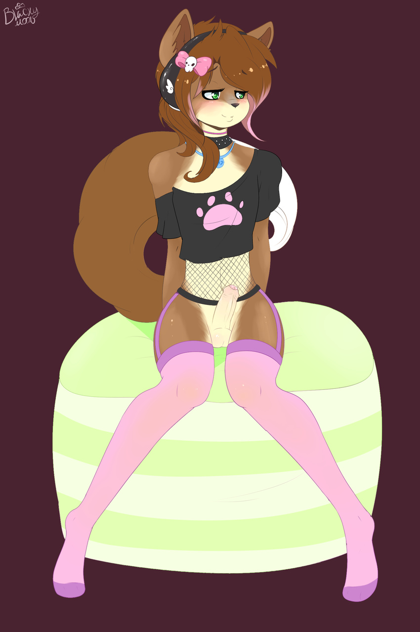 anthro balls blacky-moon blush bow canine clothed clothing erection girly green_eyes hair hair_bow hi_res legwear long_hair looking_away male mammal penis sitting sky_(character) stockings uncut
