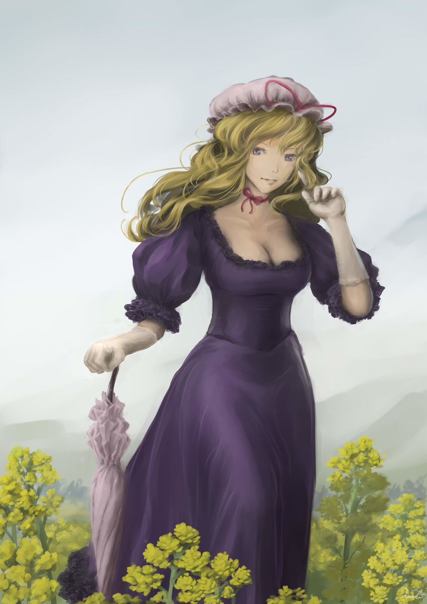 absurdres artist_name blonde_hair bow breasts choker cleavage closed_umbrella collarbone day dress field flower flower_field fog frilled_dress frills gloves hair_twirling hat hat_bow highres koshi_(koshi_vortex) light_smile long_hair looking_at_viewer meadow medium_breasts mob_cap nature outdoors puffy_short_sleeves puffy_sleeves purple_dress purple_eyes ribbon ribbon_choker short_sleeves signature sky solo touhou umbrella wavy_hair white_gloves yakumo_yukari