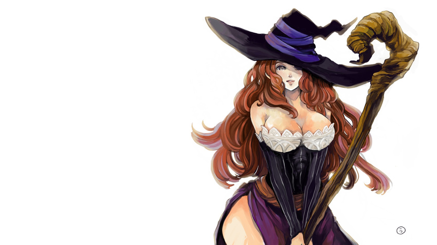 breasts cleavage dress hat isuzu long_hair staff tagme_(character) white witch_hat