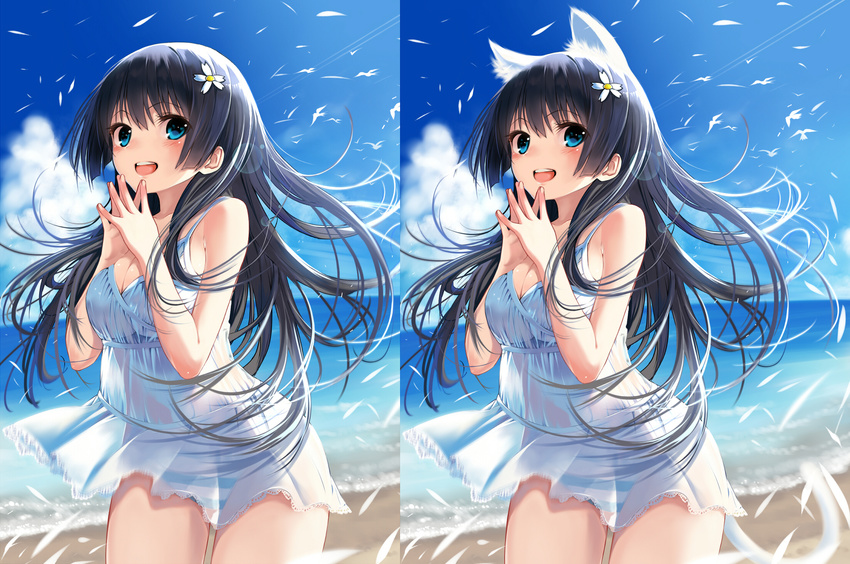 animal animal_ears bird black_hair blue_eyes breasts cleavage clouds dress feathers kawakami_masaki long_hair panties saten_ruiko see_through sky striped_panties to_aru_kagaku_no_railgun to_aru_majutsu_no_index underboob underwear water