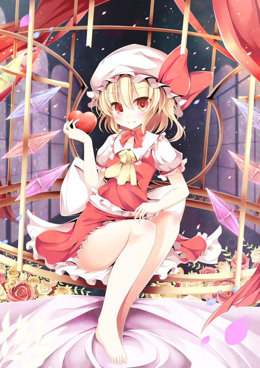 aibumi ascot bad_id bad_pixiv_id barefoot birdcage blonde_hair cage flandre_scarlet flower hat heart highres looking_at_viewer mob_cap puffy_sleeves red_eyes red_flower red_rose rose shirt short_sleeves side_ponytail sitting skirt skirt_set smile solo touhou vest white_flower white_rose wings