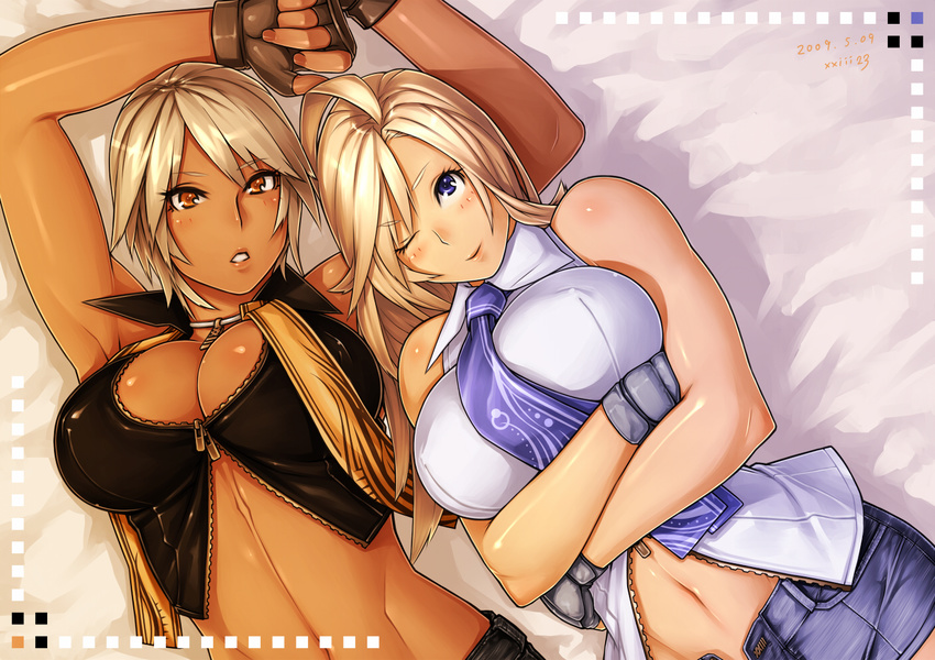 2girls ;) ahoge ahoge_girl_(23) armpits arms_up bare_shoulders bed_sheet blonde_hair blue_eyes blue_neckwear blush breasts cleavage collared_shirt covered_nipples crop_top crossed_arms dark-skinned_girl_(23) dark_skin dated denim denim_shorts dutch_angle fingerless_gloves gloves impossible_clothes impossible_shirt jewelry large_breasts long_hair looking_at_viewer lying midriff multiple_girls navel necklace necktie on_back on_bed one_eye_closed open_fly orange_eyes original parted_lips shiny shiny_skin shirt short_hair short_shorts shorts signature silver_hair sleeveless sleeveless_shirt smile tan toned unzipped zipper