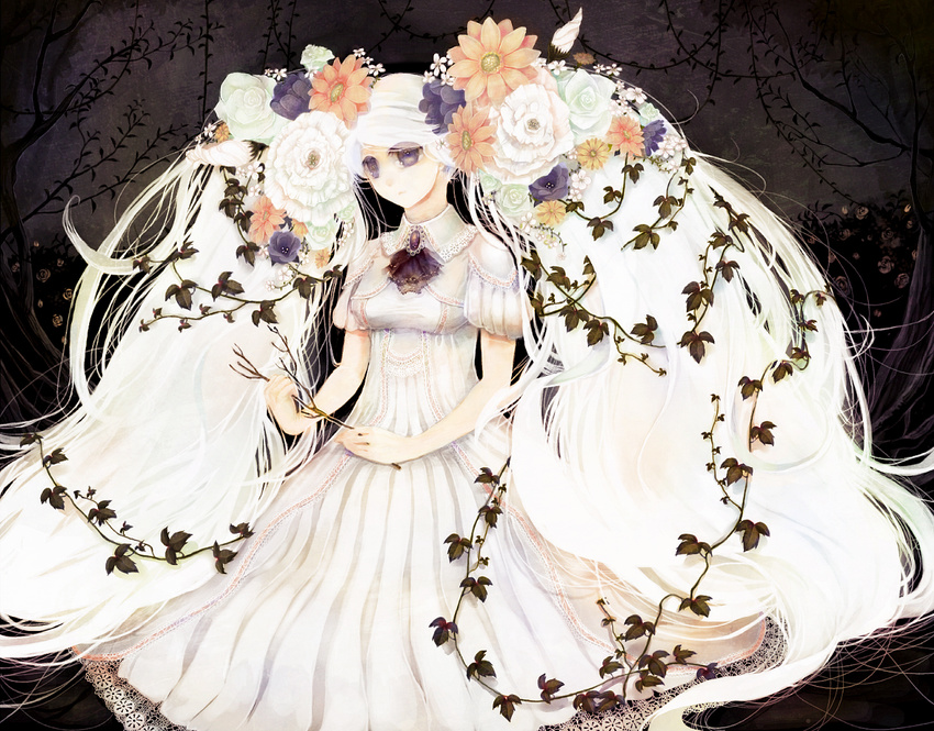 bad_id bad_pixiv_id branch brooch cravat dress expressionless flower hair_flower hair_ornament holding holding_branch jewelry lace leaf long_hair manbou_no_suiso original plant purple_eyes rose short_sleeves solo twintails very_long_hair vines white_dress white_flower white_hair white_rose