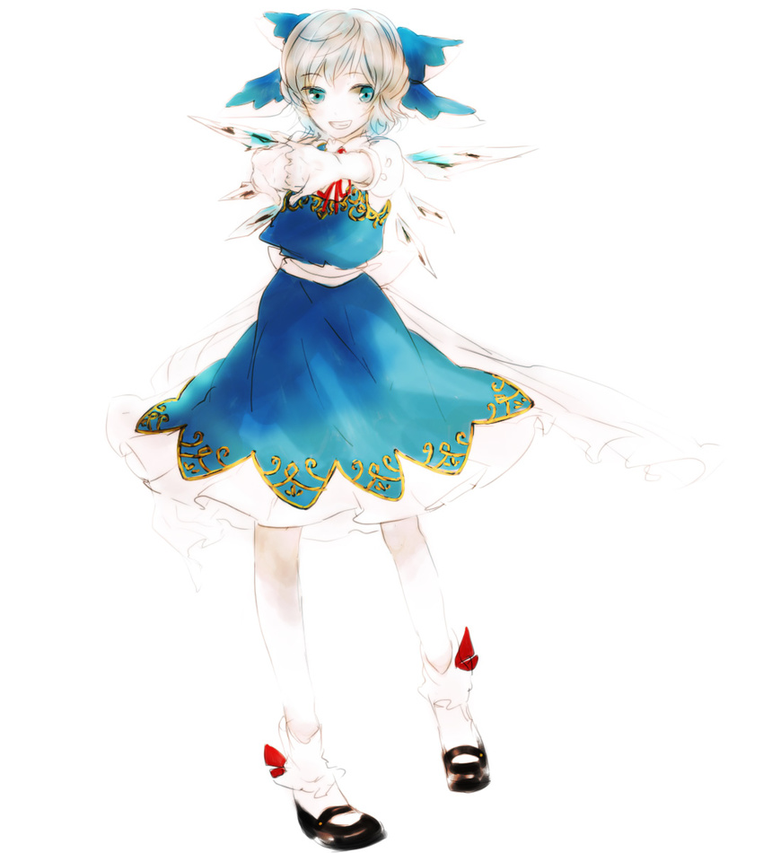 :d bad_id bad_pixiv_id blue_dress blue_eyes blush cirno dress full_body highres looking_at_viewer mary_janes open_mouth shoes short_hair silver_hair simple_background smile solo standing sugi touhou white_background