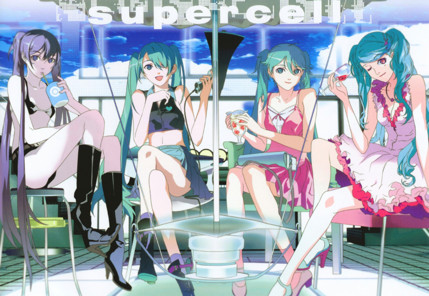 4girls aqua_eyes aqua_hair beach belt bikini_top black_hair black_legwear black_rock_shooter black_rock_shooter_(character) blue_eyes blue_hair boots creator_connection crossed_legs dress drink frills green_eyes green_hair hair_ornament hair_over_one_eye hatsune_miku heart high_heels highres jewelry koi_wa_sensou_(vocaloid) long_hair megaphone melt_(vocaloid) midriff miniskirt multiple_girls necklace necktie one_eye_closed open_mouth outdoors pleated_skirt ponytail scan shoes short_shorts shorts sitting skirt smile songover tattoo thighhighs twintails umbrella very_long_hair vocaloid world_is_mine_(vocaloid)