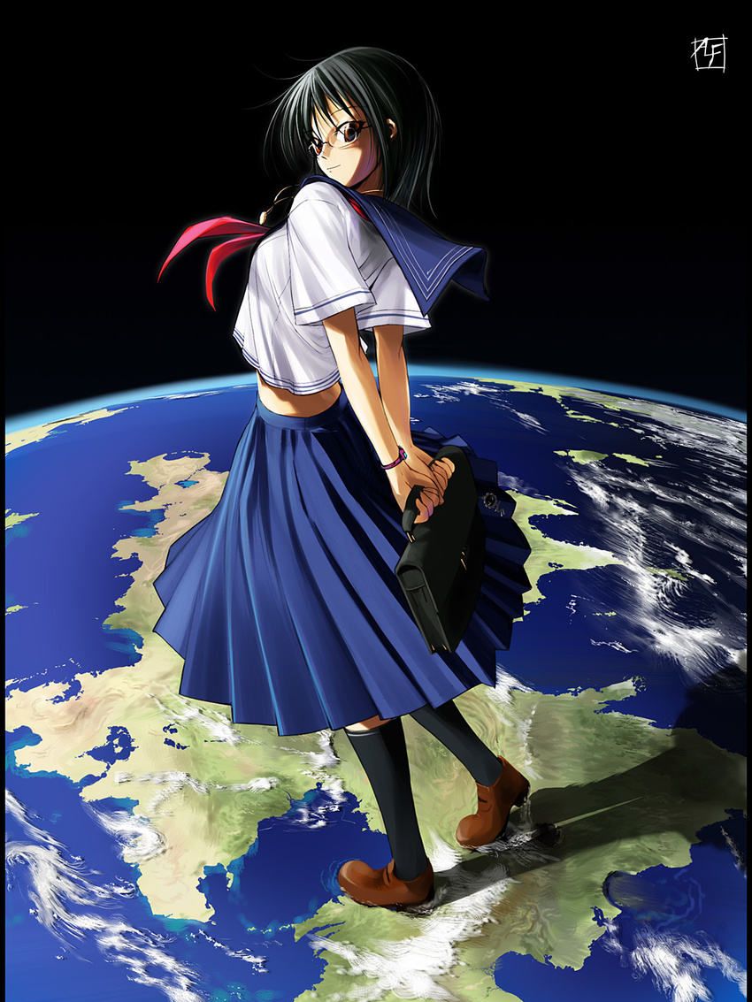 alf874 bag black_hair bow copyright_request earth giantess glasses highres school_bag school_uniform serafuku shadow smile solo