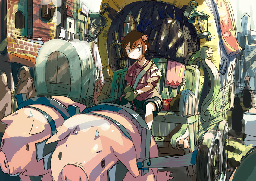 apple brown_hair copyright_request food fruit gloves ground_vehicle hamamura highres holding lantern pig short_hair shorts solo town wagon