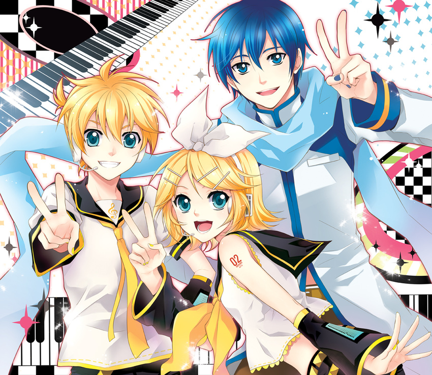 2boys aqua_eyes blonde_hair blue_eyes blue_hair blue_nails blue_scarf hair_ornament hair_ribbon hairclip headphones kagamine_len kagamine_rin kaito mca_(dessert_candy) microphone multiple_boys nail_polish necktie open_mouth ribbon scarf short_hair smile v vocaloid yellow_nails yellow_neckwear