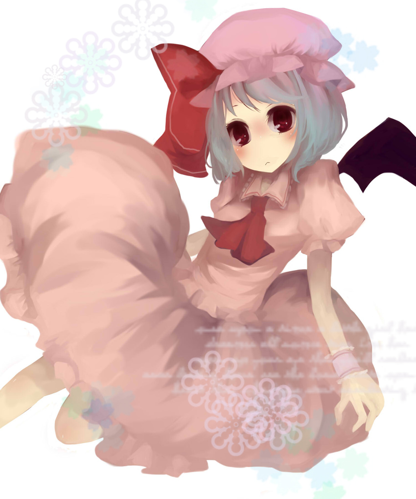 bad_id bad_pixiv_id black_wings bow dress hat hat_bow highres looking_at_viewer pink_dress pink_hat red_bow red_neckwear remilia_scarlet short_sleeves solo swami touhou wings