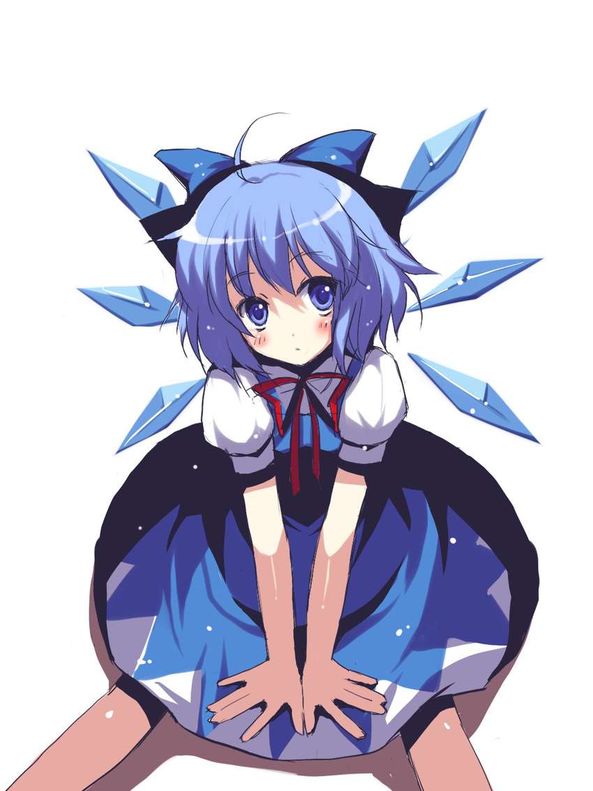 ahoge arm_support bad_id bad_pixiv_id blue_eyes blue_hair blush cirno from_above hands highres looking_up outstretched_hand ribbon rie_(reverie) short_hair simple_background sitting sketch solo staring touhou v_arms wings