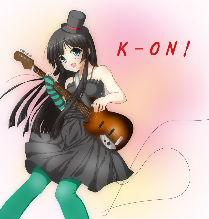 akiyama_mio bad_id bad_pixiv_id bass_guitar black_eyes black_hair don't_say_"lazy" dress facepaint green_legwear hat highres instrument k-on! long_hair mini_hat mini_top_hat mizuoto pantyhose solo top_hat