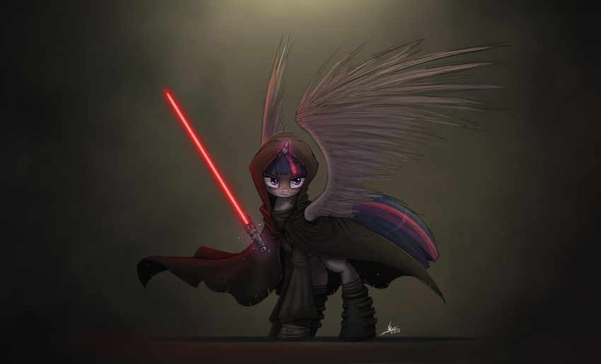 boots cloak dark equine evil female friendship_is_magic fur hair horn horse lightsaber mammal my_little_pony ncmares pony princess purple_eyes purple_fur purple_hair robes royalty sith solo star_wars twilight_sparkle_(mlp) weapon winged_unicorn wings