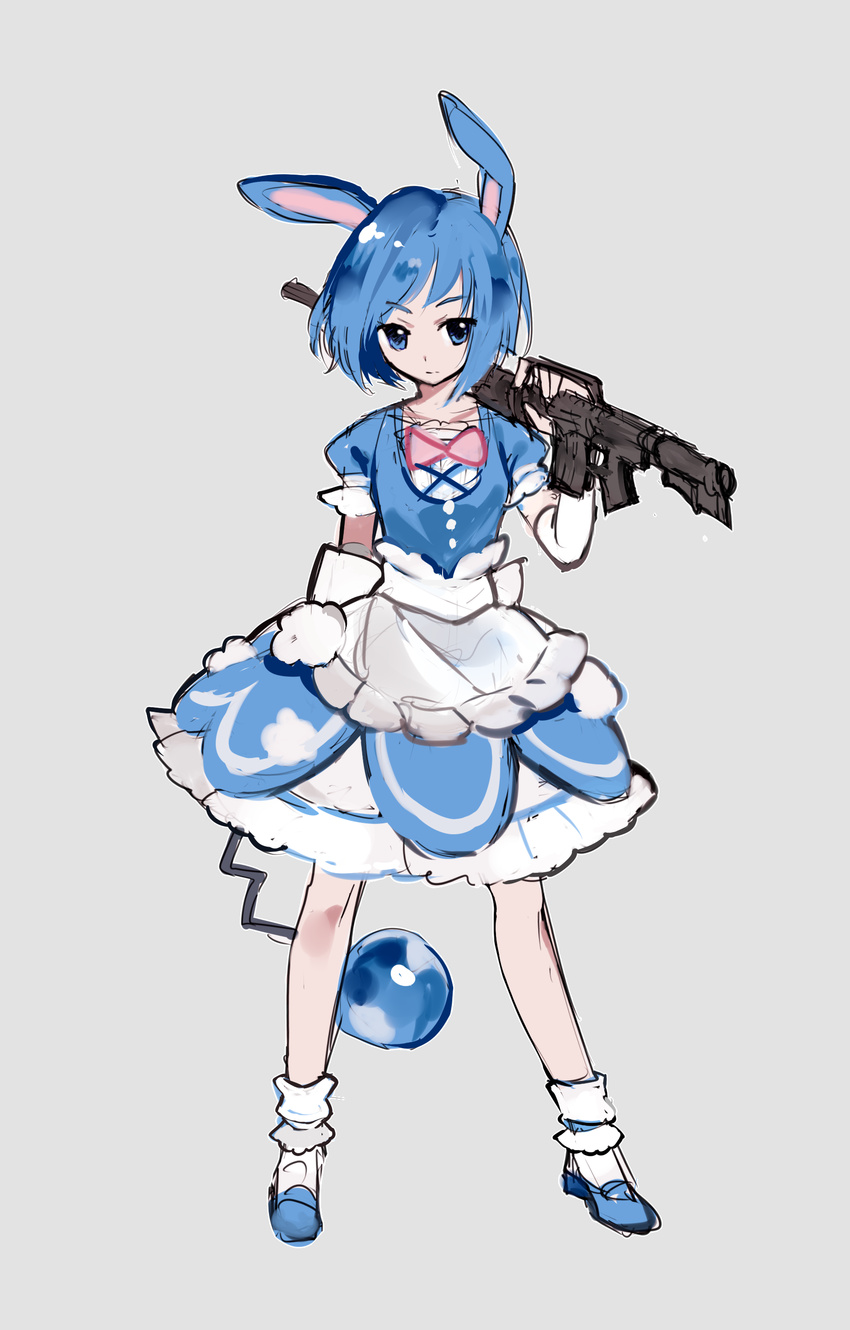 absurdres animal_ears azumarill bangs blue_eyes blue_hair bow bunny_ears dress frills gen_2_pokemon gloves grey_background gun highres holding machine_gun mizushirazu over_shoulder personification pink_bow pokemon shoes short_hair simple_background socks solo tail twitch_plays_pokemon weapon weapon_over_shoulder