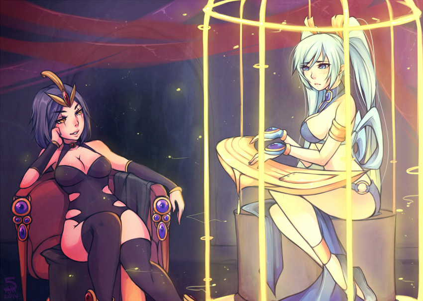 5-ish arm_support black_hair black_legwear blue_eyes blue_hair blush breasts cage cleavage emilia_leblanc instrument large_breasts league_of_legends leotard long_hair multiple_girls short_hair sitting smirk sona_buvelle thighhighs twintails yellow_eyes