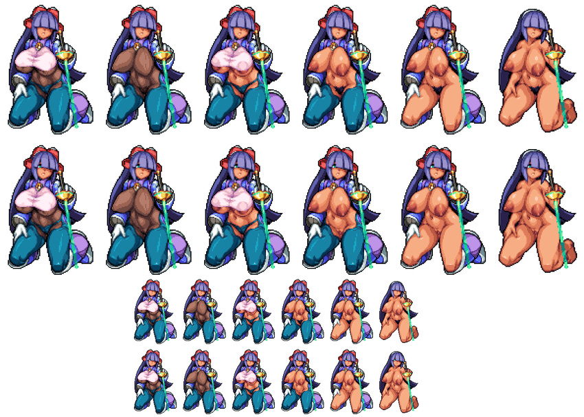 barefoot breasts chabo_(fuketsudan) dark_skin feet gem green_eyes hair_over_eyes hair_over_one_eye large_breasts layer long_hair mole nipples pixel_art purple_hair pussy rapier robot_ears rockman rockman_x sword toes weapon