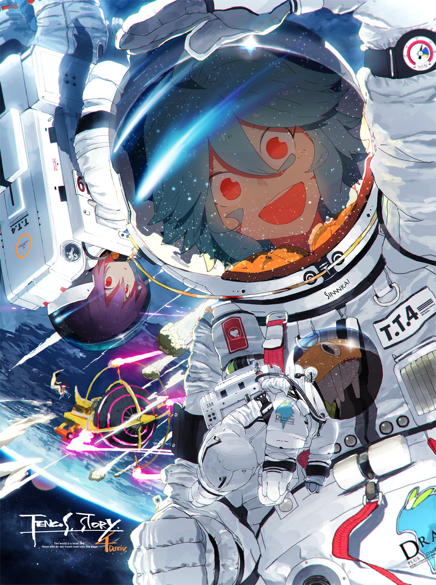 astronaut blue_hair dandy_(space_dandy) highres hinanawi_tenshi long_hair meow_(space_dandy) multiple_girls nagae_iku purple_hair red_eyes short_hair siirakannu smile space space_dandy spacesuit touhou