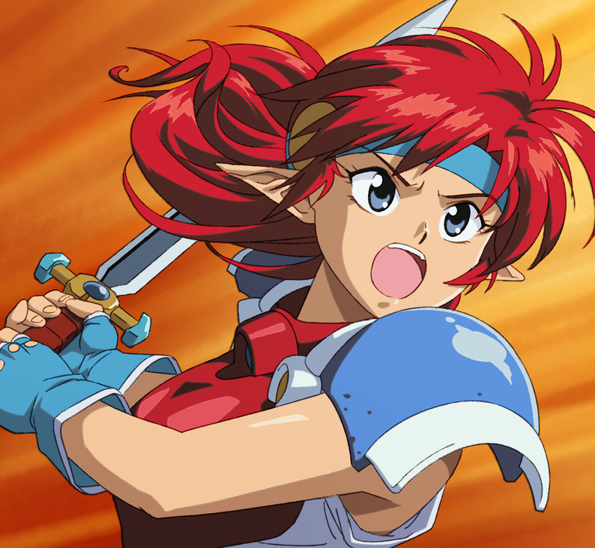 90s action armor blue_eyes blue_headband breastplate fingerless_gloves gloves headband long_hair mail_(popful_mail) open_mouth pointy_ears popful_mail red_hair shoulder_armor solo spaulders sword teeth teritama upper_body weapon