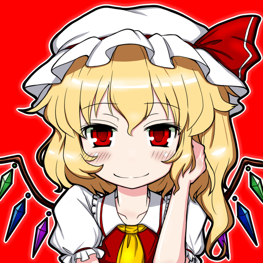 ascot blonde_hair blush collarbone eruru_(erl) flandre_scarlet hand_in_hair hat hat_ribbon highres looking_at_viewer mob_cap outline puffy_short_sleeves puffy_sleeves red_background red_eyes ribbon short_hair short_sleeves side_ponytail simple_background smile solo touhou upper_body wings