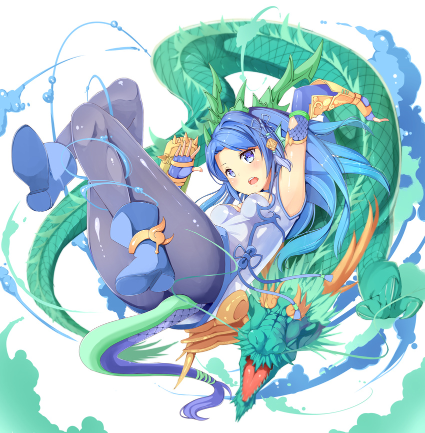 blue_eyes blue_footwear blue_hair boots byte_(allbyte) china_dress chinese_clothes dragon dragon_girl dragon_tail dress eastern_dragon elbow_gloves gloves head_fins highres horns karin_(p&amp;d) long_hair open_mouth pantyhose puzzle_&amp;_dragons tail