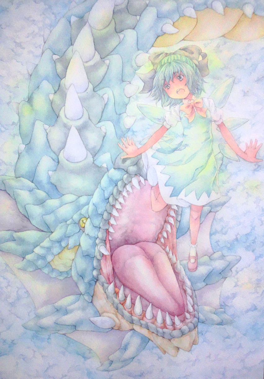 absurdres acrylic_paint_(medium) blue_hair bow cirno dragon dress flying graphite_(medium) grey_eyes hair_bow highres ice ice_wings looking_back open_mouth teeth tongue touhou traditional_media watercolor_(medium) wings yellow_eyes yuyu_(00365676)