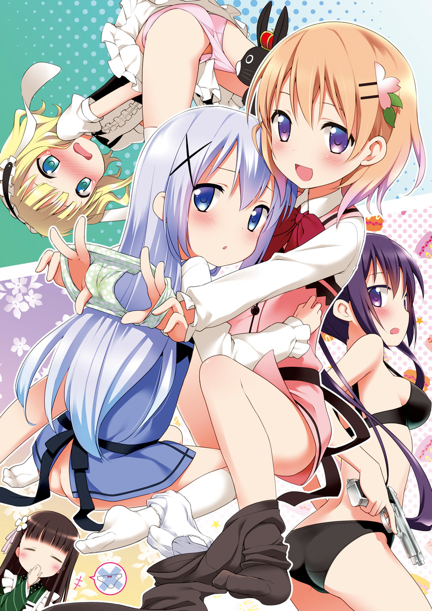 :d :o =_= ama_usa_an_uniform anko_(gochiusa) ass bangs black_bra black_panties blonde_hair blue_eyes blue_hair blunt_bangs blush bottomless bow bow_panties bra breasts brown_hair bunny butt_crack closed_eyes covering_mouth fleur_de_lapin_uniform gochuumon_wa_usagi_desu_ka? green_panties gun hair_ornament hairclip hand_over_own_mouth headdress highres holding holding_hands holding_panties hoto_cocoa japanese_clothes kafuu_chino kannazuki_genshi kirima_sharo lace lace-trimmed_panties looking_at_viewer looking_back medium_breasts multiple_girls open_mouth panties panties_around_one_leg panties_removed panty_pull pantyhose pantyhose_around_one_leg pink_panties print_panties purple_eyes purple_hair rabbit_house_uniform smile spoken_object spoken_panties tears tedeza_rize thighhighs trigger_discipline twintails ujimatsu_chiya underwear underwear_only waitress wavy_mouth weapon white_panties x_hair_ornament yuri