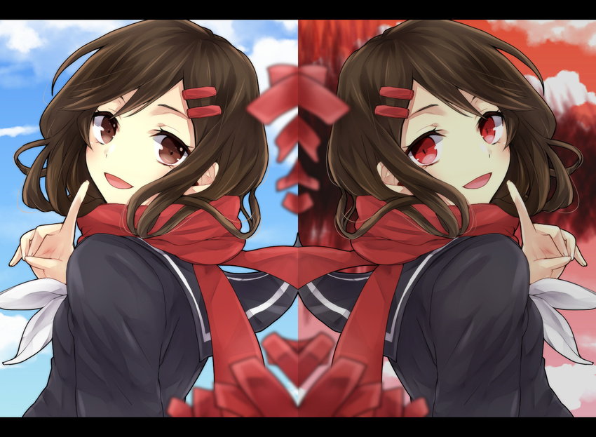 bad_id bad_pixiv_id black_serafuku brown_eyes brown_hair dual_persona hair_ornament hairclip kagerou_project long_hair red_eyes red_scarf scarf school_uniform serafuku smile tateyama_ayano tomozero