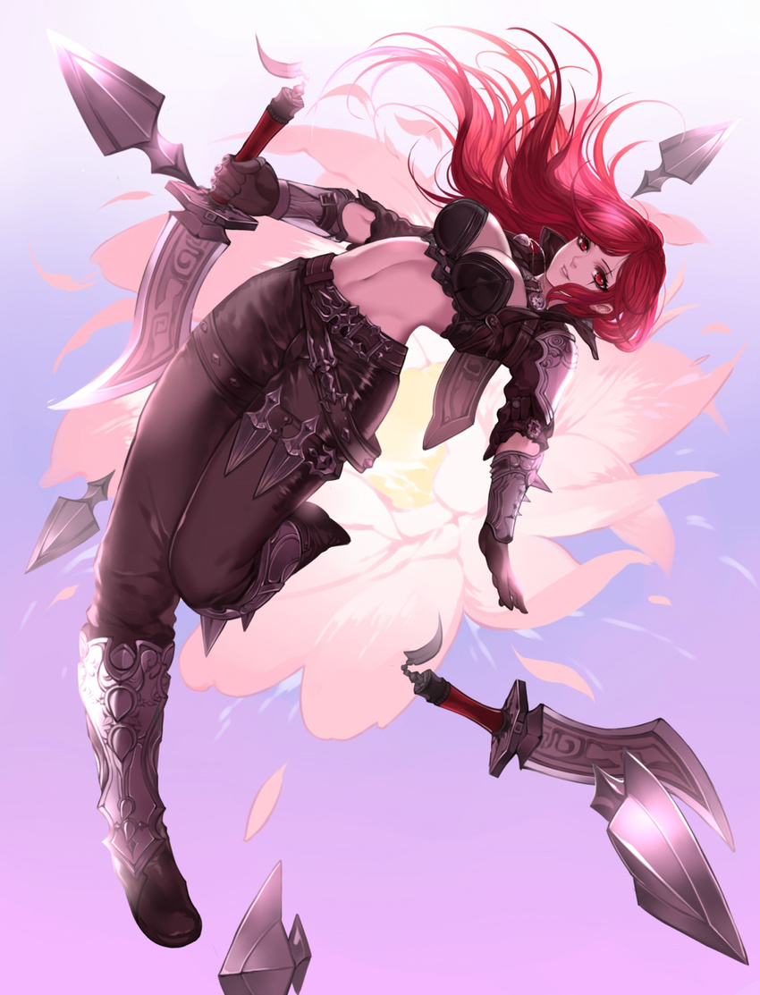 belt black_pants breasts citemer cleavage dagger flower gloves highres holding holding_weapon jacket katarina_du_couteau large_breasts league_of_legends long_hair looking_at_viewer midriff navel pants red_eyes red_hair scar smile solo weapon