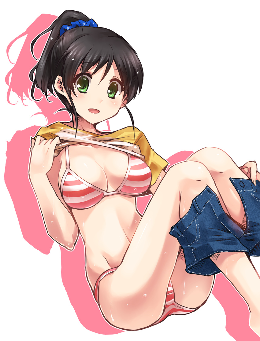 bad_id bad_pixiv_id bikini black_hair blush breasts cleavage green_eyes harada_miyo highres idolmaster idolmaster_cinderella_girls large_breasts long_hair navel open_mouth paopao ponytail shirt shirt_lift shorts shorts_pull sitting smile solo striped striped_bikini swimsuit undressing wet