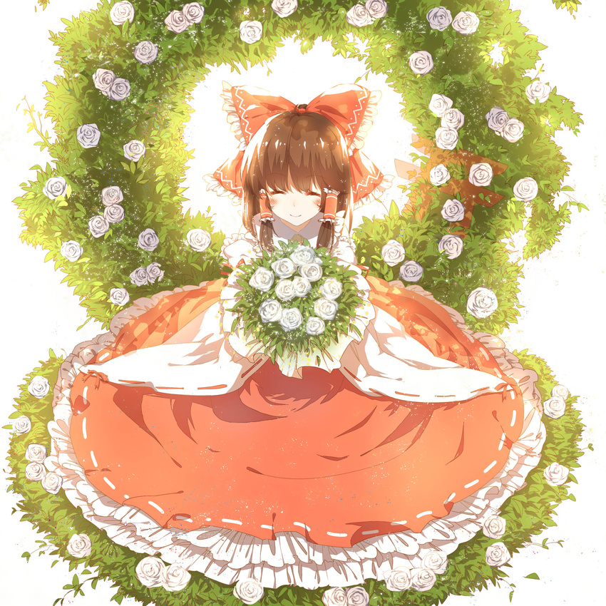 3000_xiao_chun absurdres backlighting bouquet bow brown_hair closed_eyes closed_mouth detached_sleeves dress flower frilled_skirt frills hair_bow hair_bun hair_tubes hakurei_reimu highres long_sleeves red_dress ribbon-trimmed_sleeves ribbon_trim rose skirt smile solo touhou white_background white_flower white_rose wide_sleeves wreath