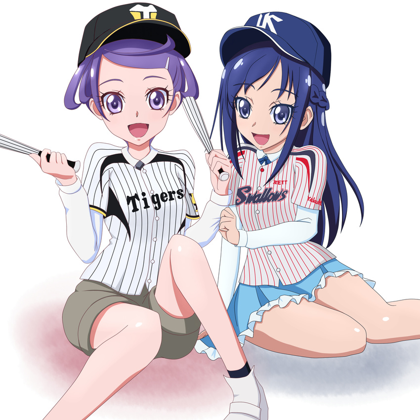 :d baseball_cap baseball_uniform blue_eyes blue_hair blue_skirt boots braid clothes_writing dokidoki!_precure english eyelashes frilled_skirt frills hanshin_tigers happy hat highres hishikawa_rikka kenzaki_makoto long_hair looking_at_viewer multiple_girls nippon_professional_baseball open_mouth precure purple_eyes purple_hair shirt short_hair shorts single_braid sitting skirt smile sportswear tareme tokyo_yakult_swallows toni_(artist) white_background yokozuwari