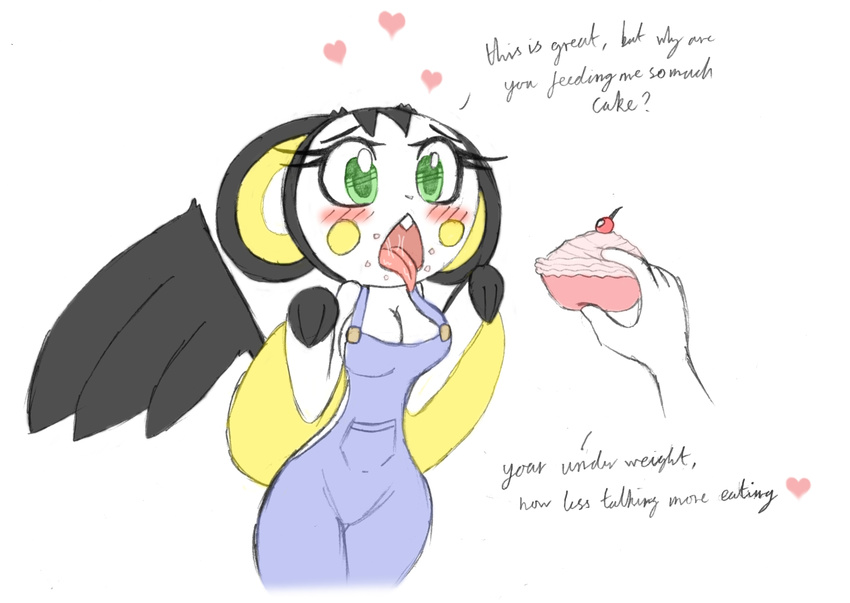 anthro begging big_breasts bit-small blush breasts cake cute disembodied_hand dungarees emolga female food green_eyes nintendo open_mouth overalls pok&#233;mon pok&#233;morph pok&eacute;mon saliva shy slim tongue video_games