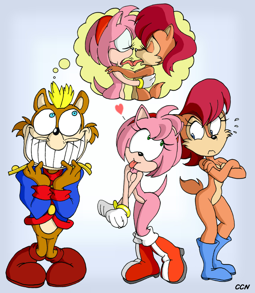 antoine_d'coolette antoine_d'coolette blue_eyes boots chadthecartoonnut french_kissing green_eyes group hair imagination kissing nude red_hair sally_acorn sega sonic_(series) tongue