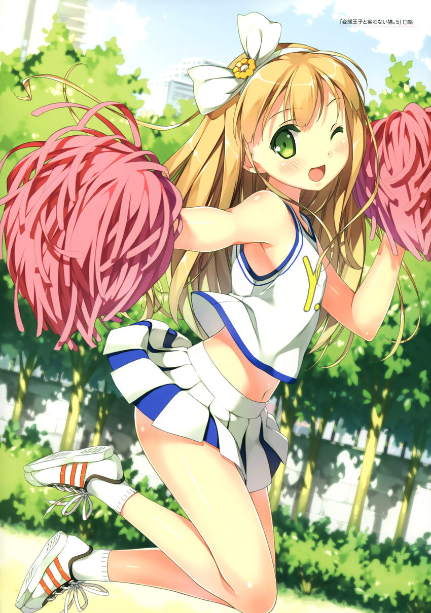 ;d absurdres azuki_azusa bare_shoulders blonde_hair blush bow cheerleader green_eyes hair_bow hair_ribbon hentai_ouji_to_warawanai_neko. highres jumping kantoku long_hair looking_at_viewer navel one_eye_closed open_mouth pom_poms ribbon scan shoes skirt smile sneakers socks solo white_legwear