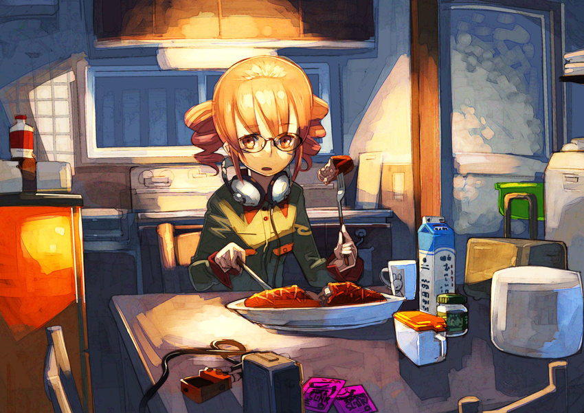 bespectacled casual drill_hair eating food fork glasses kasane_teto knife looking_at_viewer red_eyes red_hair solo twin_drills twintails utau xanado