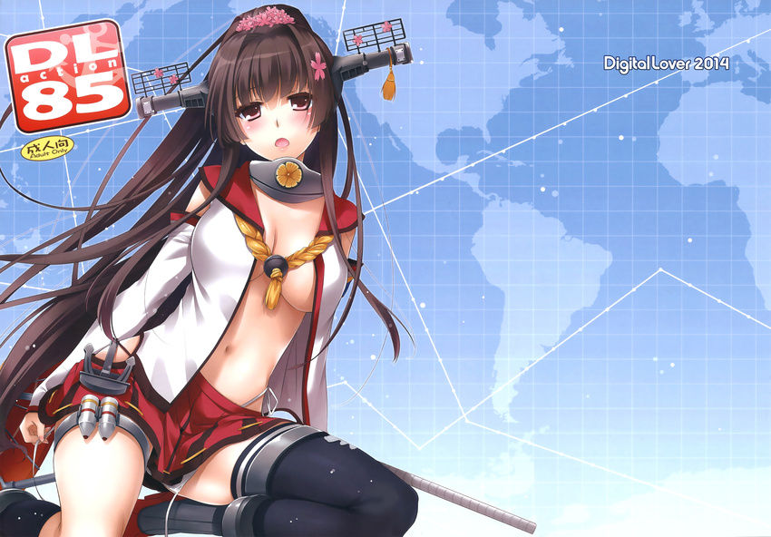 black_legwear blush brown_eyes brown_hair cover cover_page doujin_cover highres kantai_collection long_hair long_sleeves map nakajima_yuka navel no_bra open_clothes open_mouth open_shirt ponytail red_skirt scan shirt skirt solo thighhighs very_long_hair white_shirt yamato_(kantai_collection)