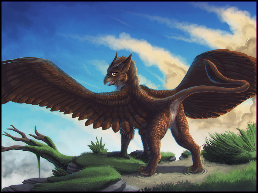 artonis avian beak butt cloud digitigrade female feral gryphon looking_at_viewer looking_back nude outside presenting presenting_hindquarters pussy sky solo wings