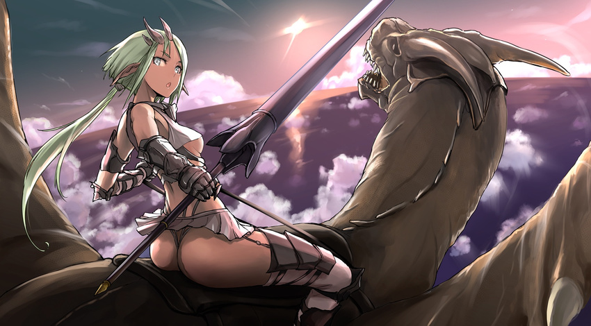 armor ass bare_shoulders breasts cloud dark_elf dark_skin dragon elf fantasy flying green_hair highres horizon horns lance long_hair looking_at_viewer looking_back medium_breasts original pointy_ears polearm ponytail sky solo tea_(nakenashi) thighhighs weapon