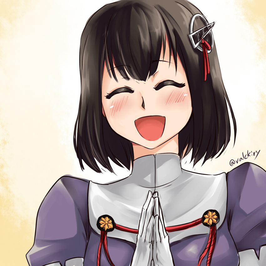 aiguillette blush brown_hair closed_eyes facing_viewer gloves haguro_(kantai_collection) hair_ornament hands_together happy highres kantai_collection nam_(valckiry) open_mouth puffy_sleeves purple_shirt shirt signature smile solo