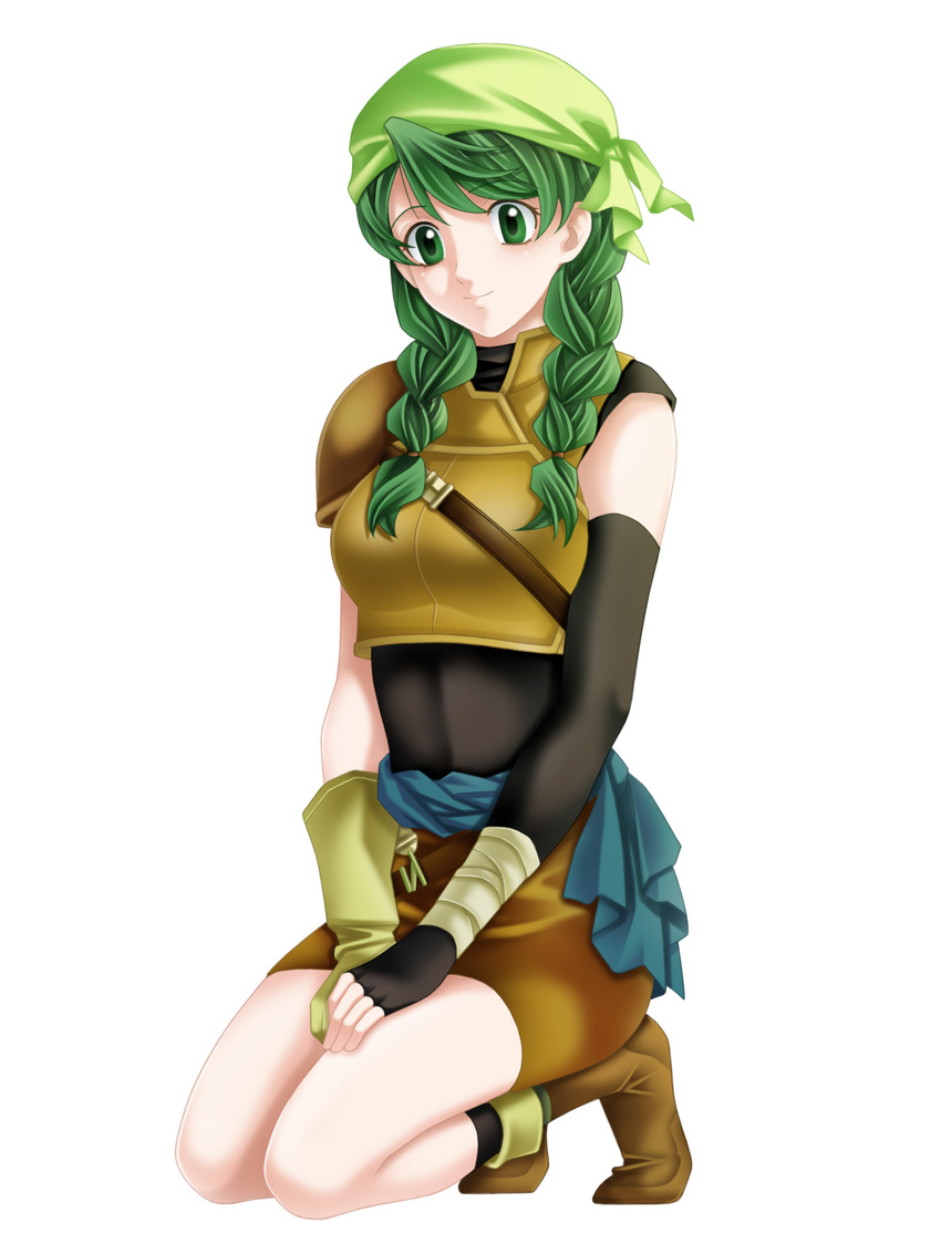 braid fire_emblem fire_emblem:_rekka_no_ken green_eyes green_hair hair_over_shoulder highres long_hair rebecca_(fire_emblem) solo tamamon twin_braids