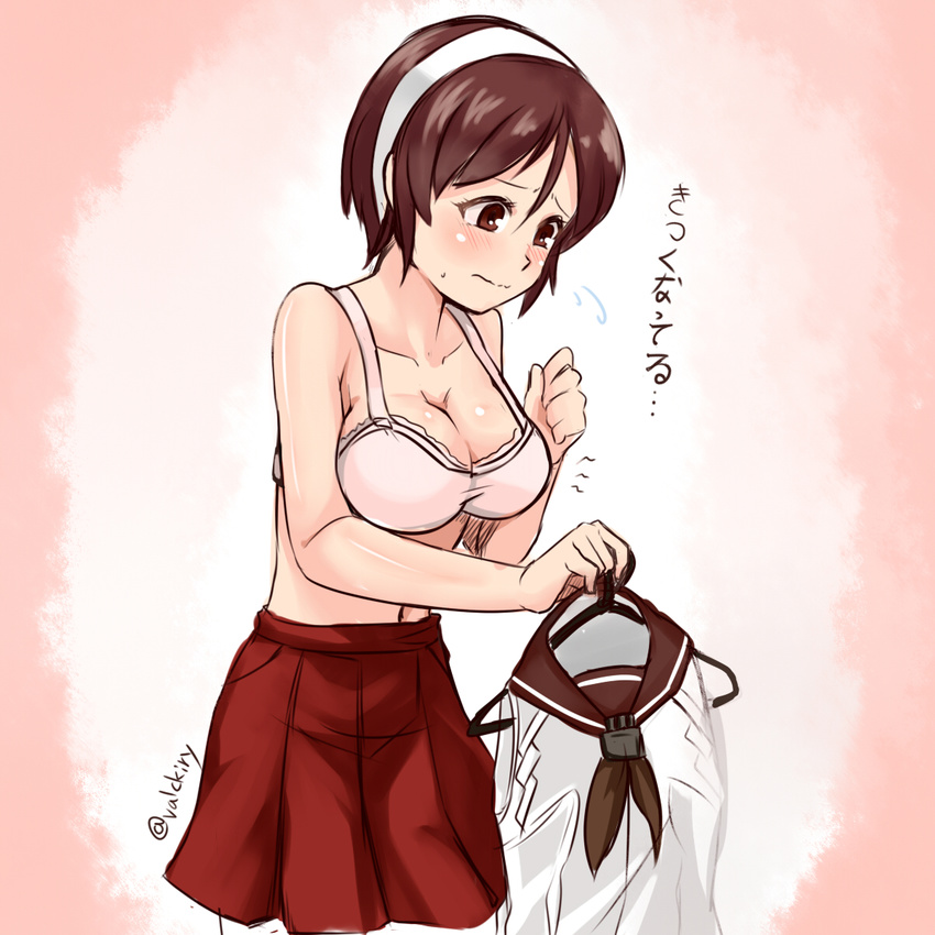 blush bra breasts brown_eyes brown_hair hairband highres kantai_collection large_breasts nam_(valckiry) natori_(kantai_collection) short_hair solo sweatdrop translated underwear undressing uniform wavy_mouth white_hairband