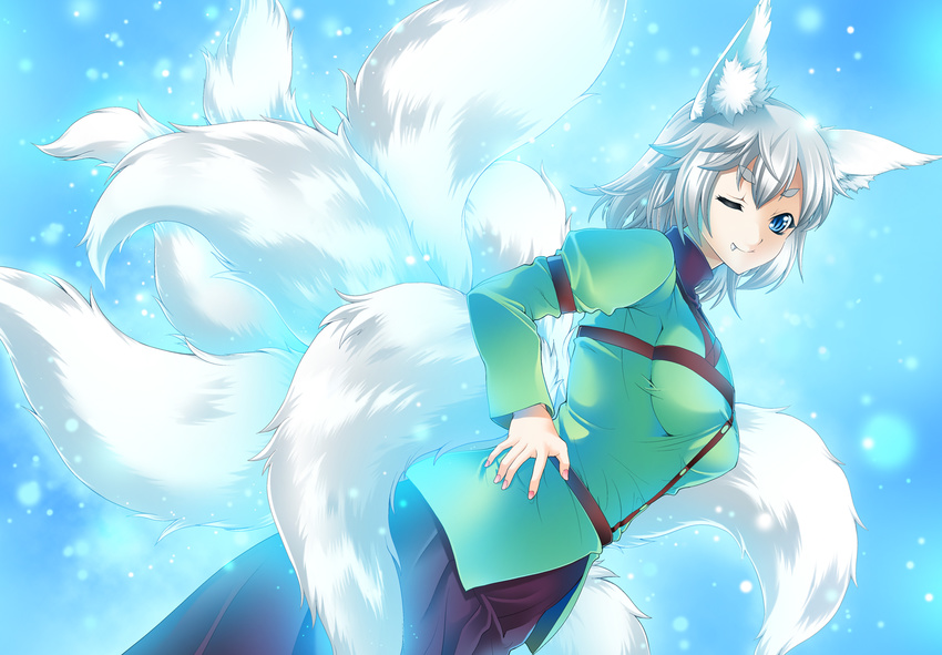 animal_ears blue_eyes fang foxgirl gen_(genetrix) gray_hair multiple_tails original tail wink