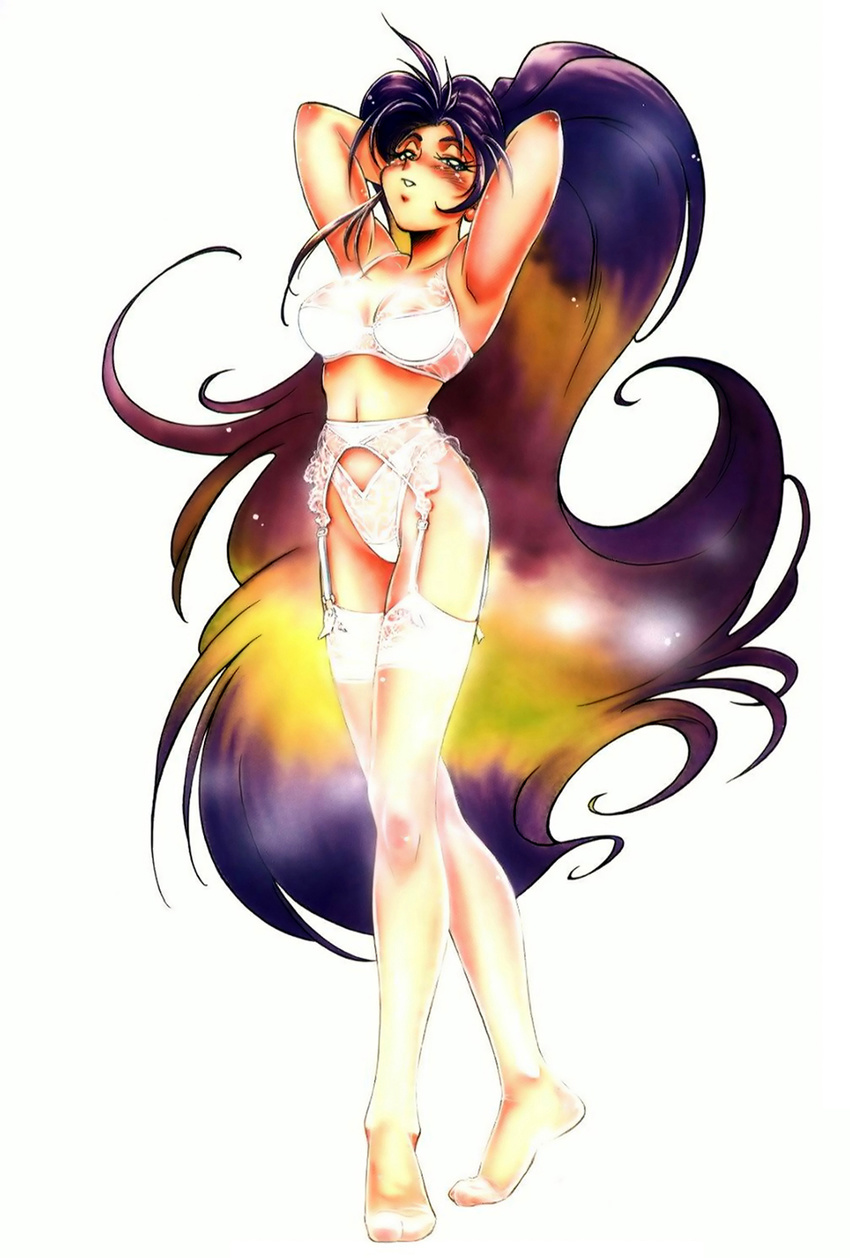 1girl armpits arms_behind_head black_eyes blush bra breasts earrings feet garter_belt garter_straps gradient_hair green_eyes highres jewelry large_breasts legs lingerie long_hair looking_at_viewer multicolored_hair naga_the_serpent navel no_shoes panties ponytail slayers smile solo standing thighhighs thighs underwear underwear_only very_long_hair white_bra white_legwear white_panties