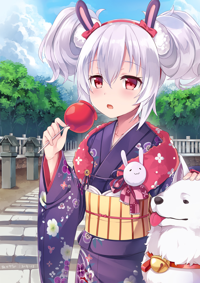 1girl animal animal_ears azur_lane bangs blue_sky blush bow bunny_ears candy_apple closed_mouth cloud cloudy_sky commentary_request day dog eyebrows_visible_through_hair fingernails floral_print food hair_between_eyes hairband hand_on_another's_head hand_on_another's_head highres holding holding_food japanese_clothes juliet_sleeves kimono laffey_(azur_lane) long_sleeves looking_at_viewer nekomicha obi open_mouth outdoors print_kimono puffy_sleeves purple_kimono red_bow red_eyes red_hairband samoyed_(dog) sash sidelocks silver_hair sky solo tongue tongue_out twintails wide_sleeves