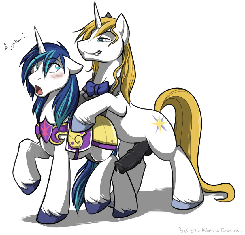 black_penis blonde_hair blue_eyes blue_hair blush bow_tie cutie_mark duo equine erection feral friendship_is_magic fur gay hair hooves horn horsecock keihound male mammal my_little_pony nude open_mouth penis plain_background precum prince_blueblood_(mlp) shining_armor_(mlp) unicorn white_background white_fur