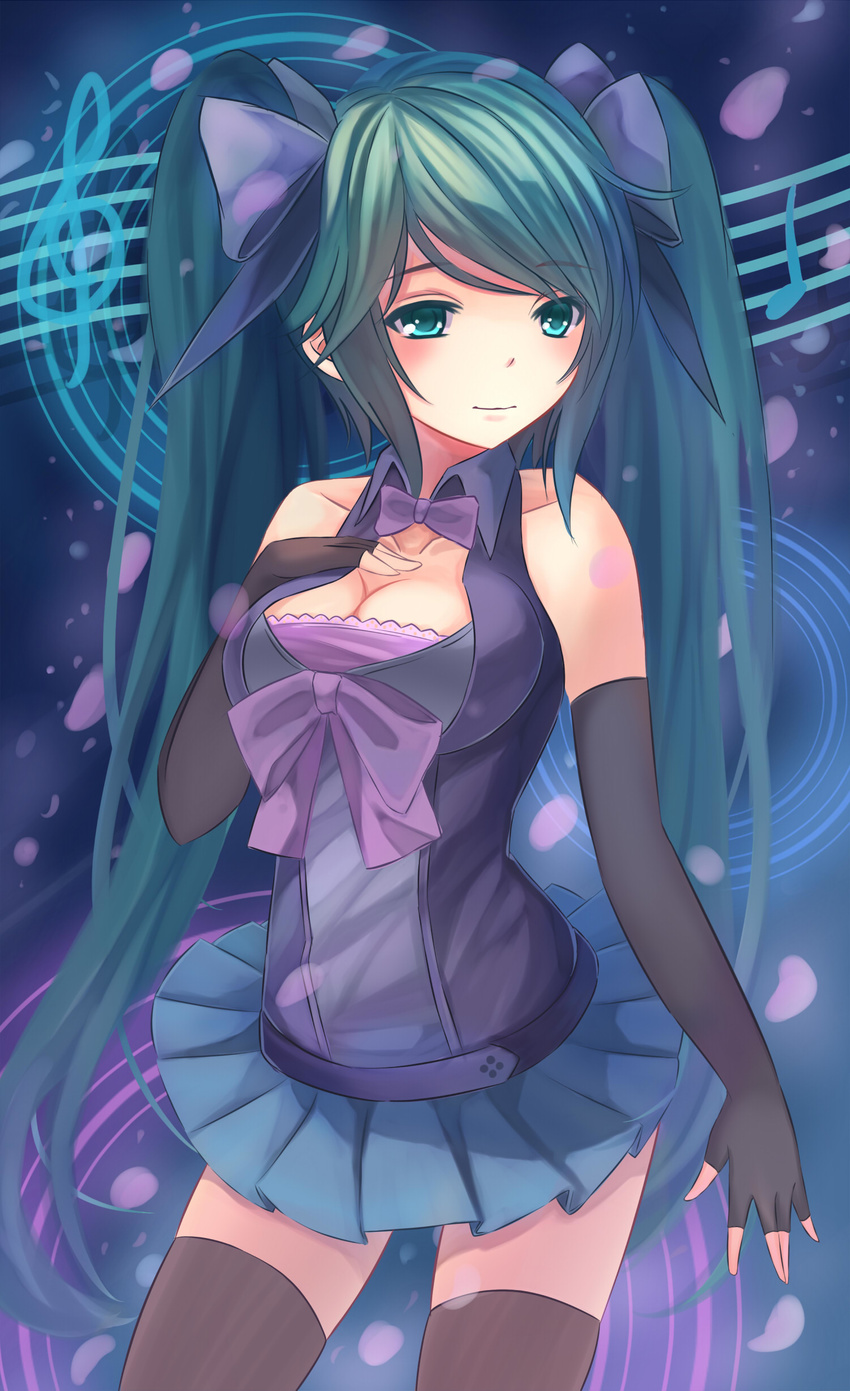 absurdres breasts cleavage elbow_gloves fingerless_gloves gloves green_eyes green_hair hair_ribbon hand_on_own_chest hatsune_miku highres long_hair medium_breasts ribbon skirt solo thighhighs twintails very_long_hair vocaloid youxuemingdie